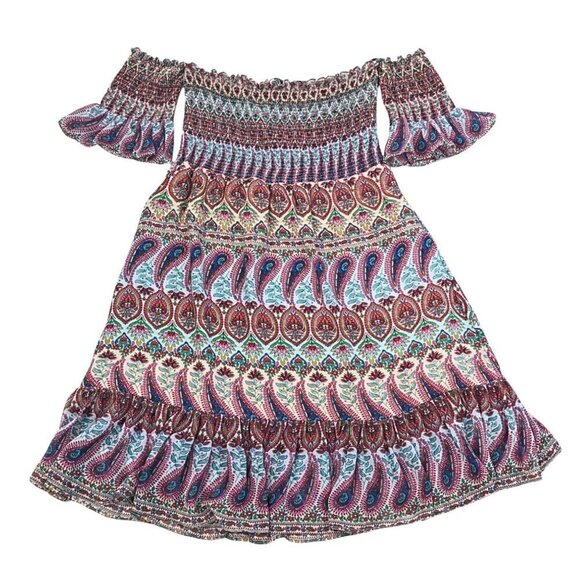 ATINA CRISTINA Boho Off Shoulder Paisley Lined Flounce Mini Sundress Size S - Picture 7 of 8